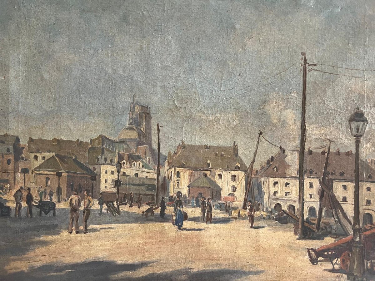 Tableau Place Du Village Animé, Huile Sur Toile, Signé Bernard. -photo-1