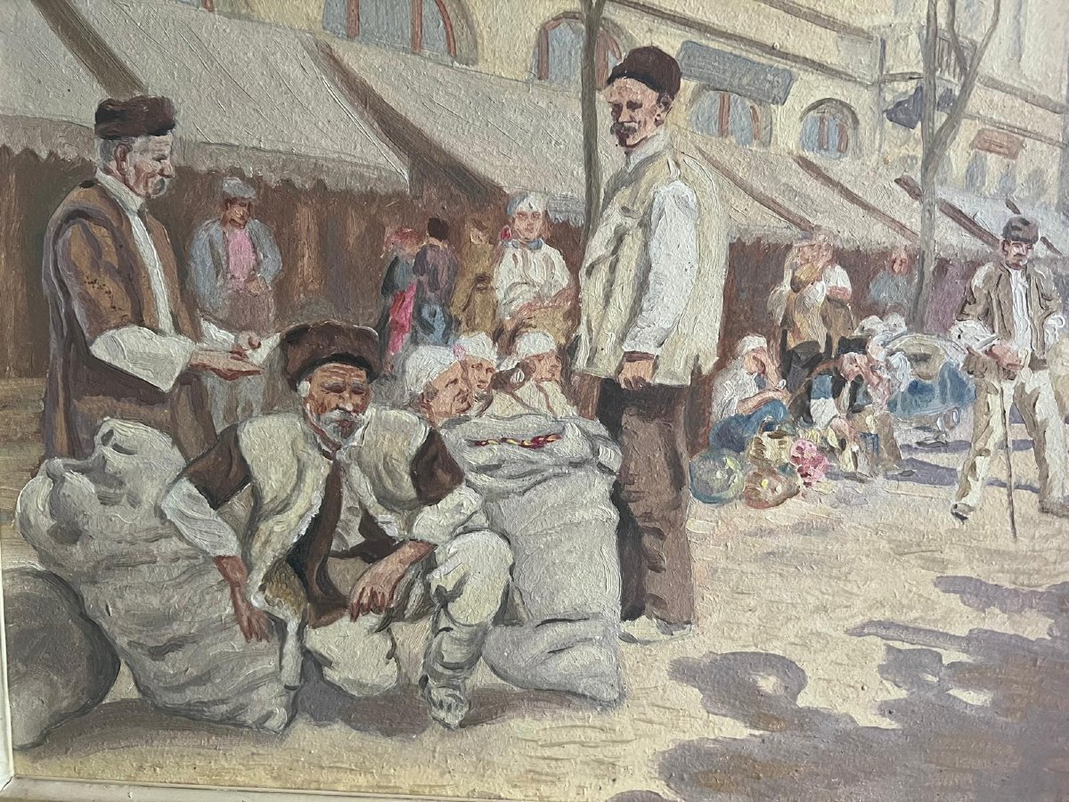 Tableau,  Le Marché Animé Signé Illisible, B.d.-photo-2