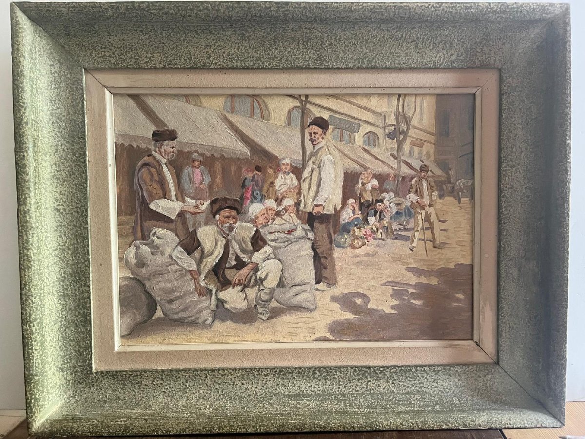 Tableau,  Le Marché Animé Signé Illisible, B.d.-photo-3