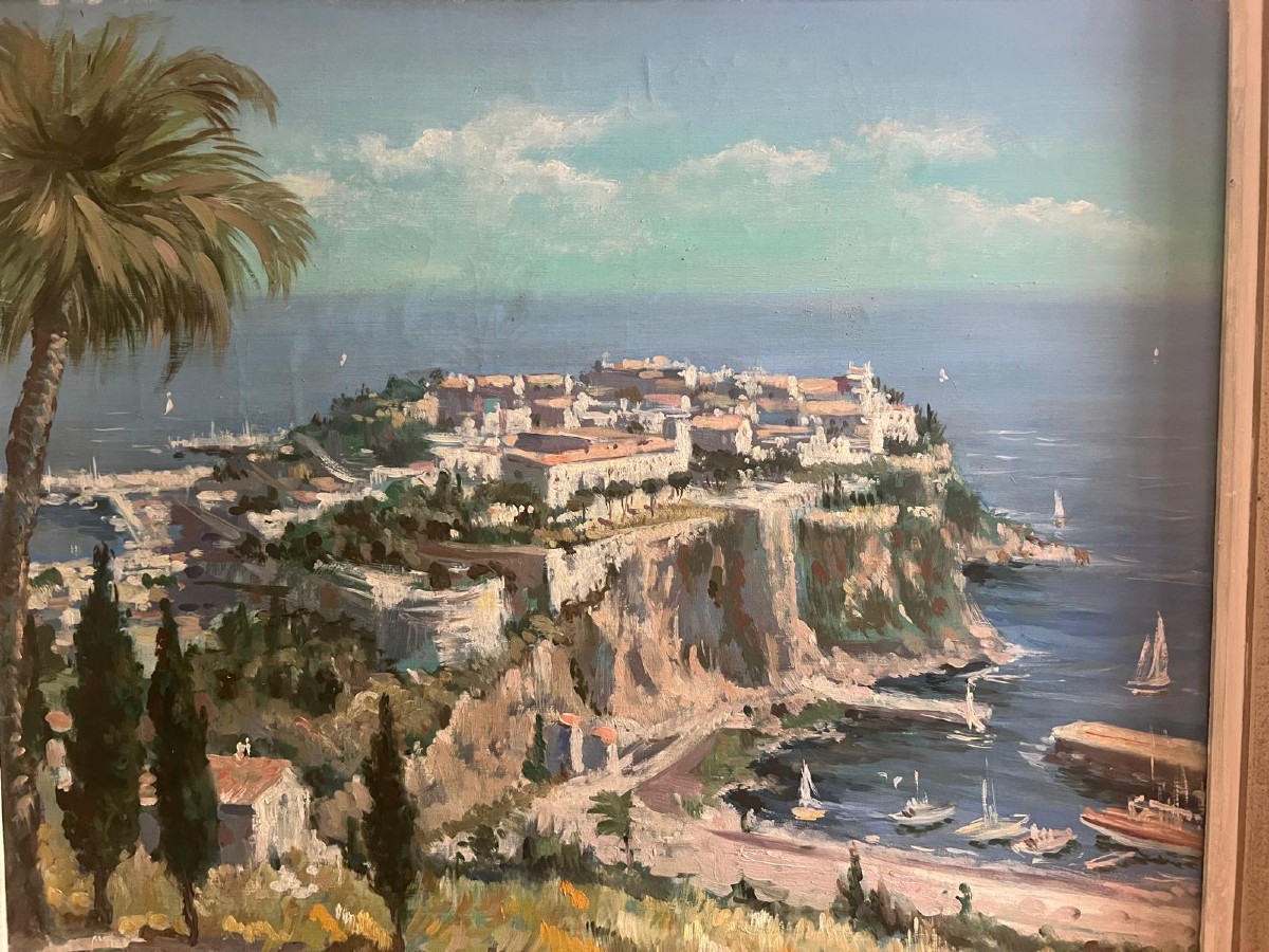 Painting, Monaco, Bay Of Monte Carlo, Signed L. Boyer.