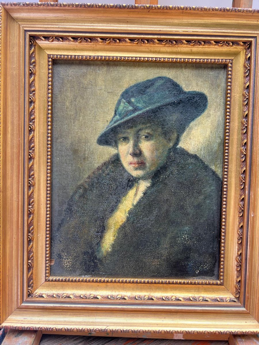 Tableau Portrait De Femme, Fourrure Et Chapeau, Très Belle Qualité. -photo-3