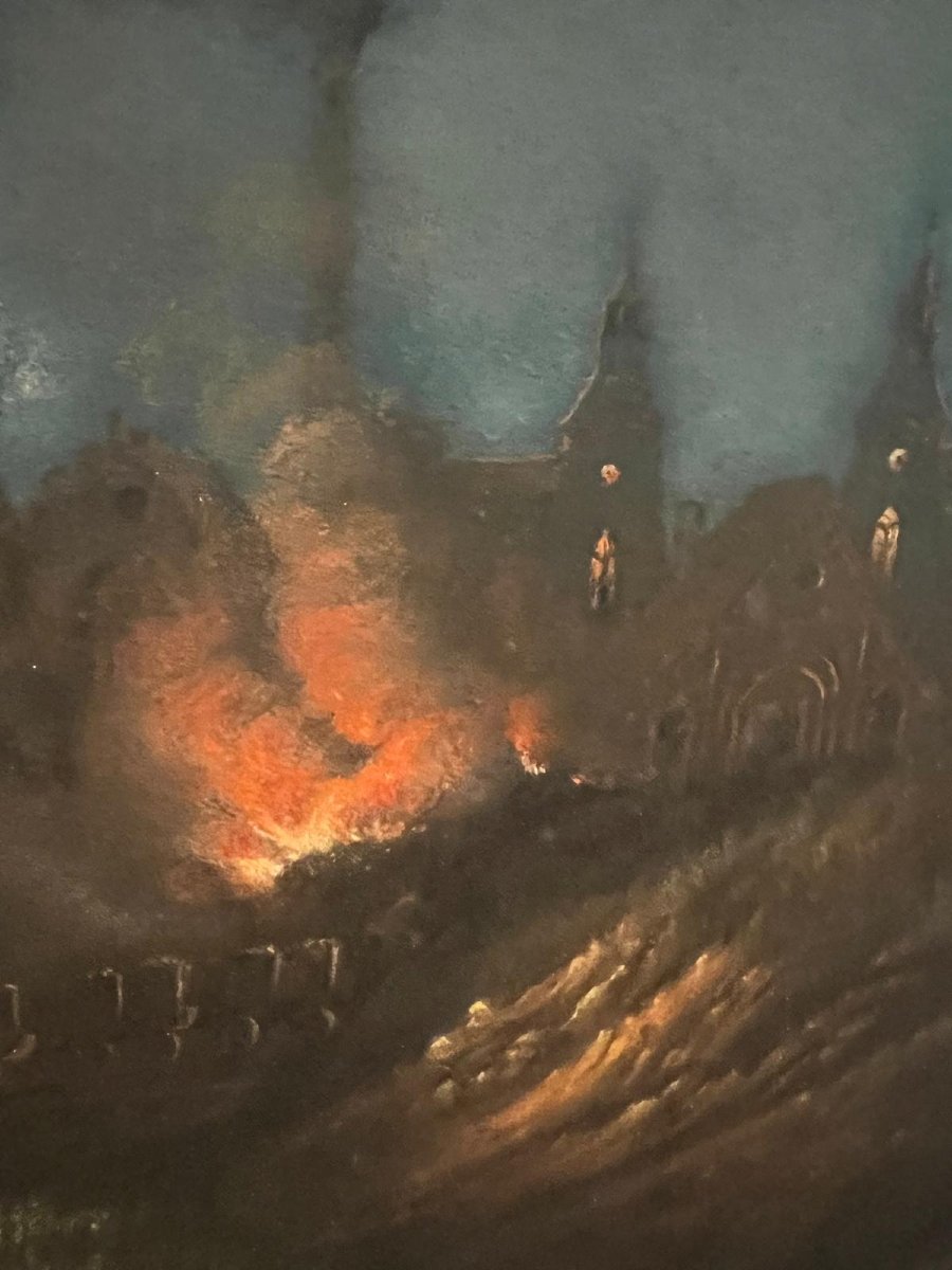 German School Painting Night View Of The Dilligen Blast Furnaces, Circa 1840, Pastel.-photo-3