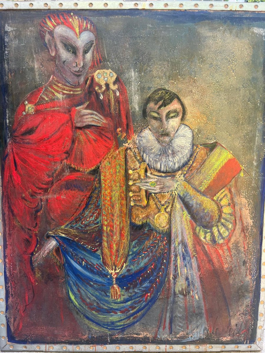 Tableau Faust Mephisto,huile Sur Bois Encadré De Métal, Verso Harry Clarke -photo-2