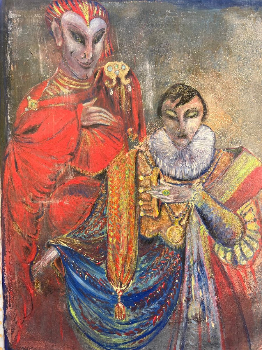 Tableau Faust Mephisto,huile Sur Bois Encadré De Métal, Verso Harry Clarke -photo-2