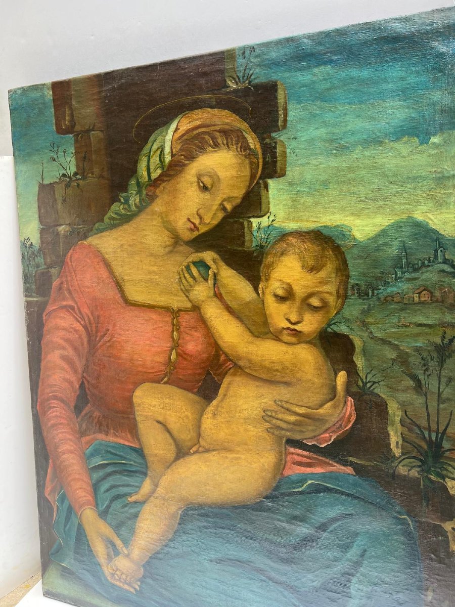 Tableau  Vierge Et Enfant, Huile Sur Toile  19ème. -photo-3