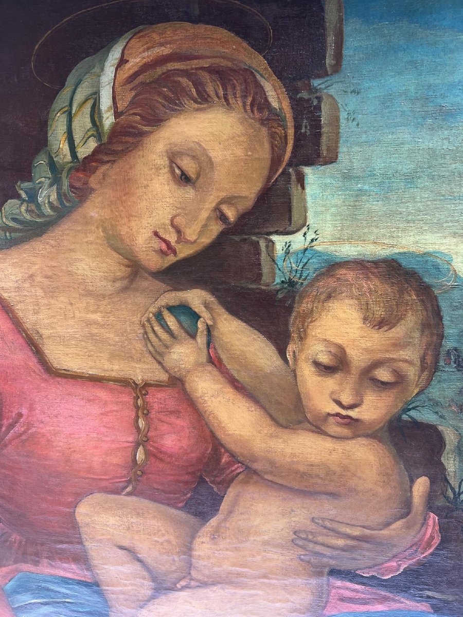 Tableau  Vierge Et Enfant, Huile Sur Toile  19ème. -photo-1