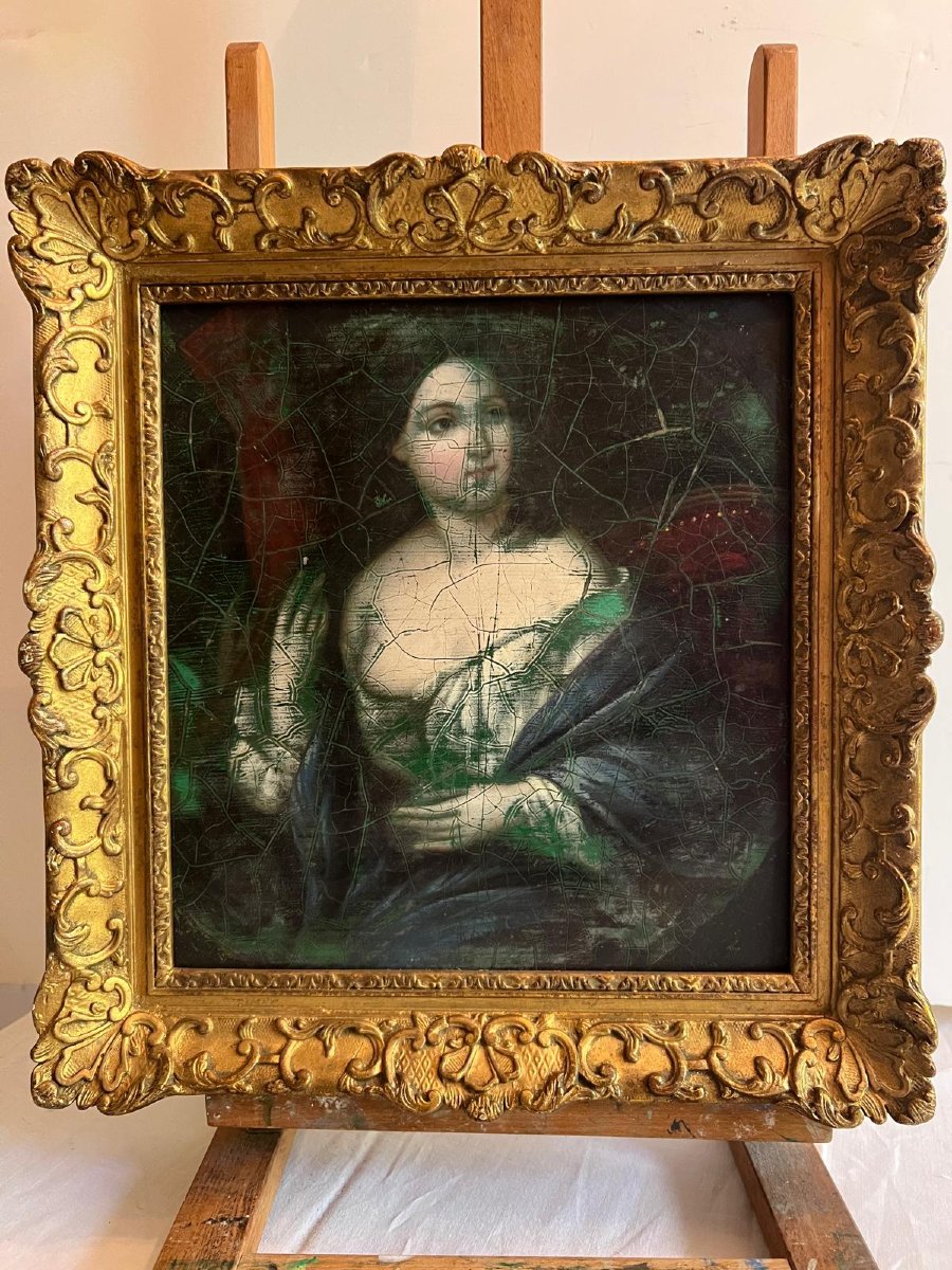 Tableau Femme élégante Huile Sur Métal, 18 ème, Craquelle. Restaurer En 1937.-photo-2