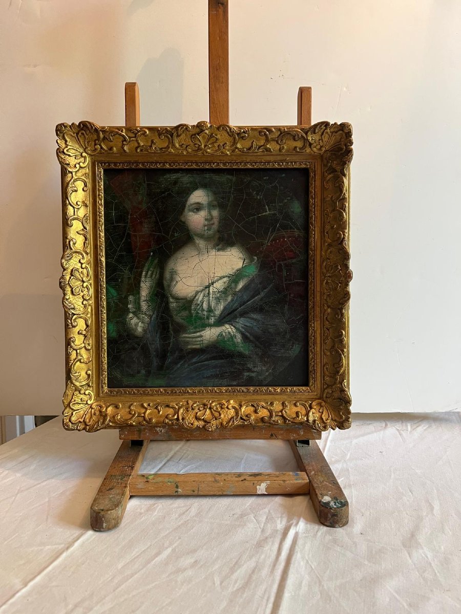 Tableau Femme élégante Huile Sur Métal, 18 ème, Craquelle. Restaurer En 1937.-photo-3