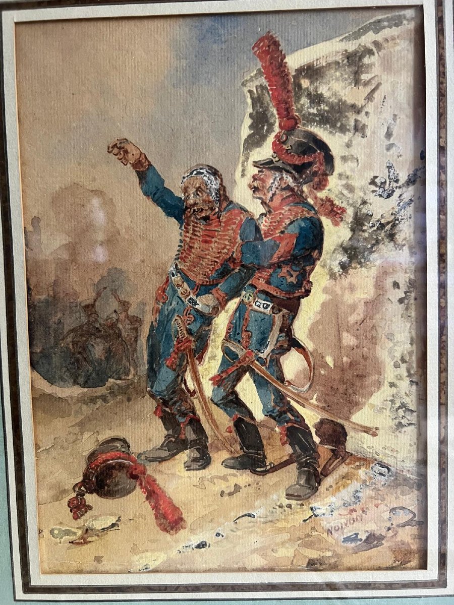 Tableau , Deux Soldats Ivres, Aquarelle Signé . -photo-2