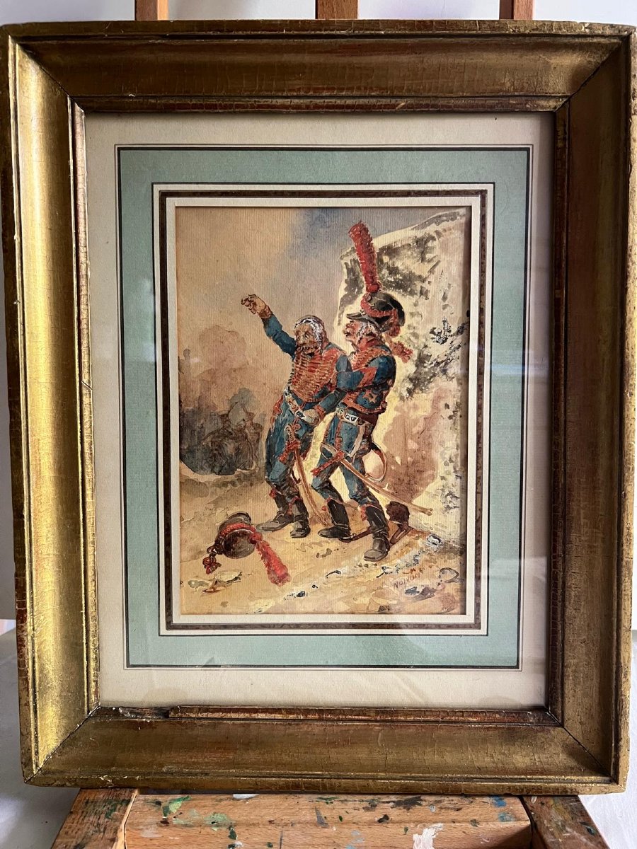 Tableau , Deux Soldats Ivres, Aquarelle Signé . -photo-3