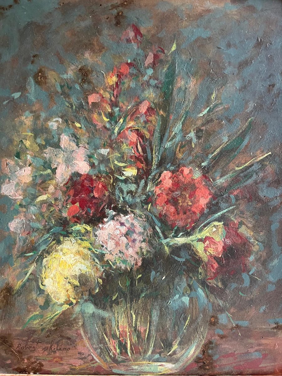Tableau fleurs dans  au vase,Signé Robert Philipp. 1895 - 1981. Huile sur carton. -photo-1