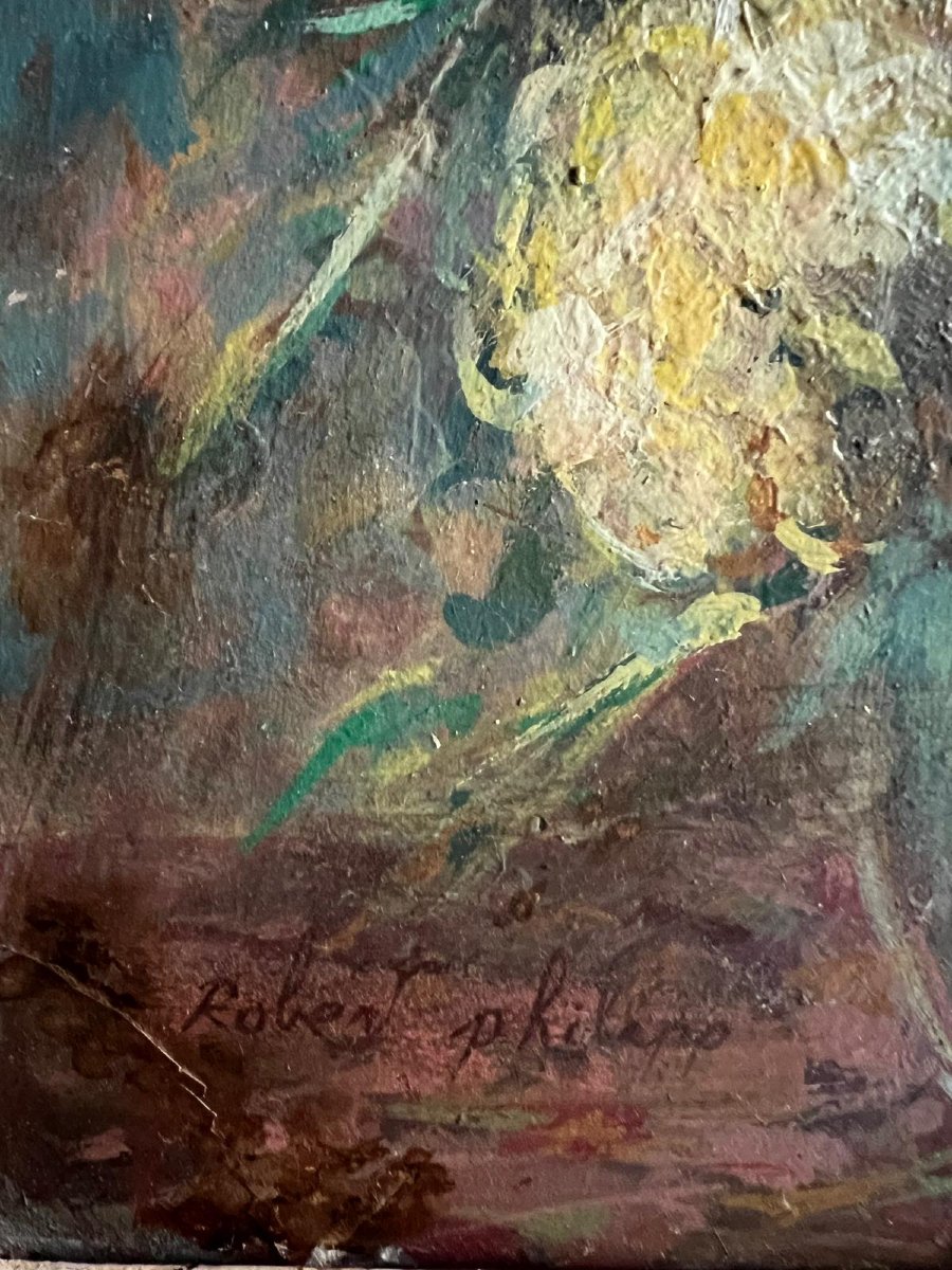Tableau fleurs dans  au vase,Signé Robert Philipp. 1895 - 1981. Huile sur carton. -photo-3
