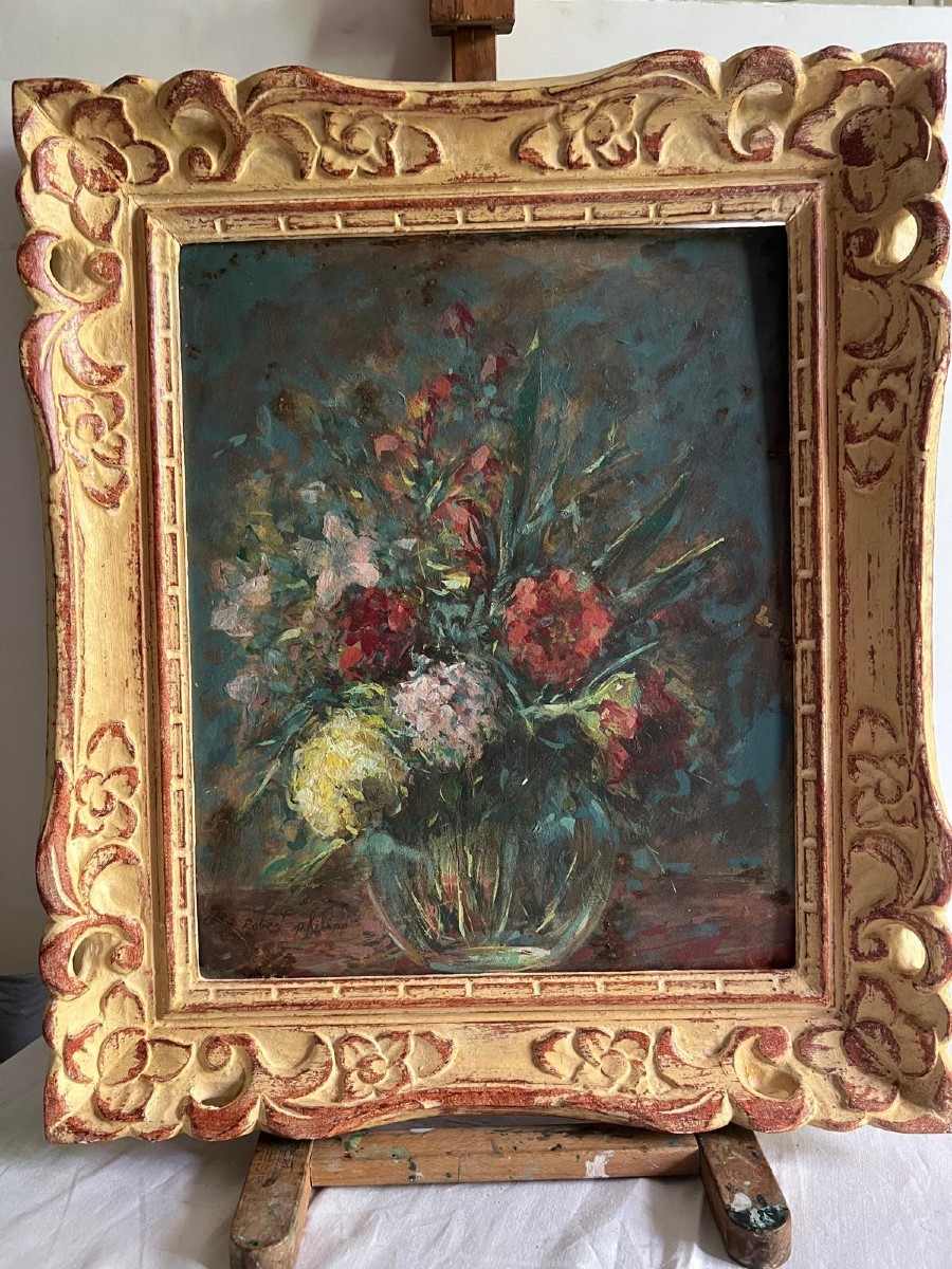 Tableau fleurs dans  au vase,Signé Robert Philipp. 1895 - 1981. Huile sur carton. 