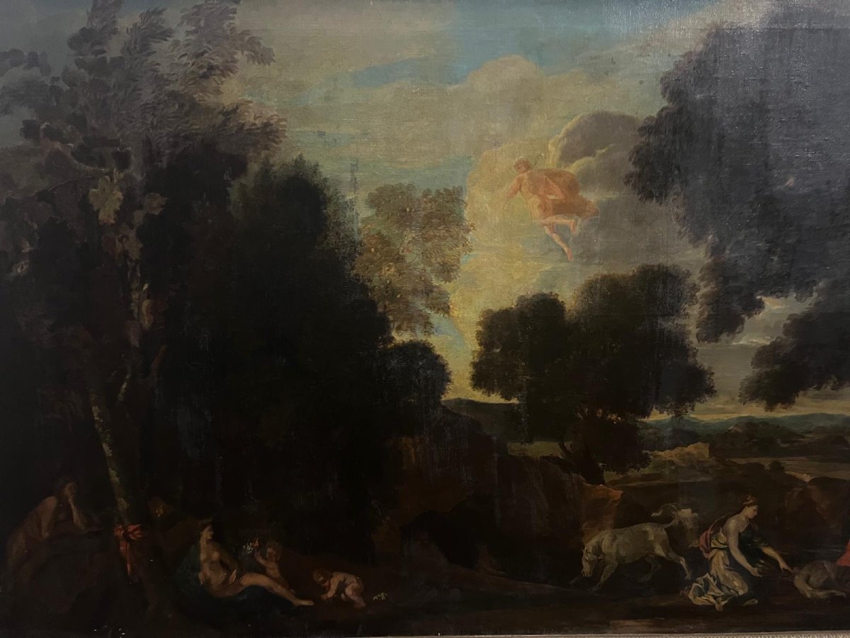 Tableau  Paysage animé dans la forêt, Huile sur toile,  19ème. -photo-2