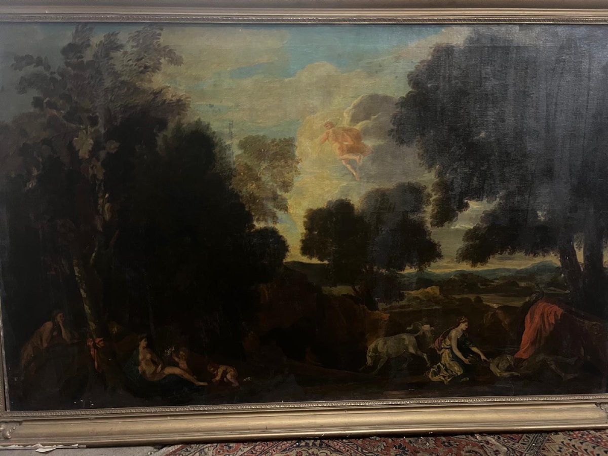 Tableau  Paysage animé dans la forêt, Huile sur toile,  19ème. -photo-4