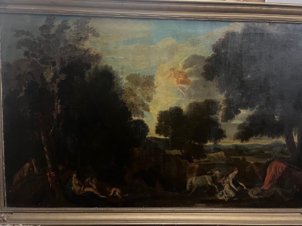 Tableau  Paysage animé dans la forêt, Huile sur toile,  19ème. -photo-2