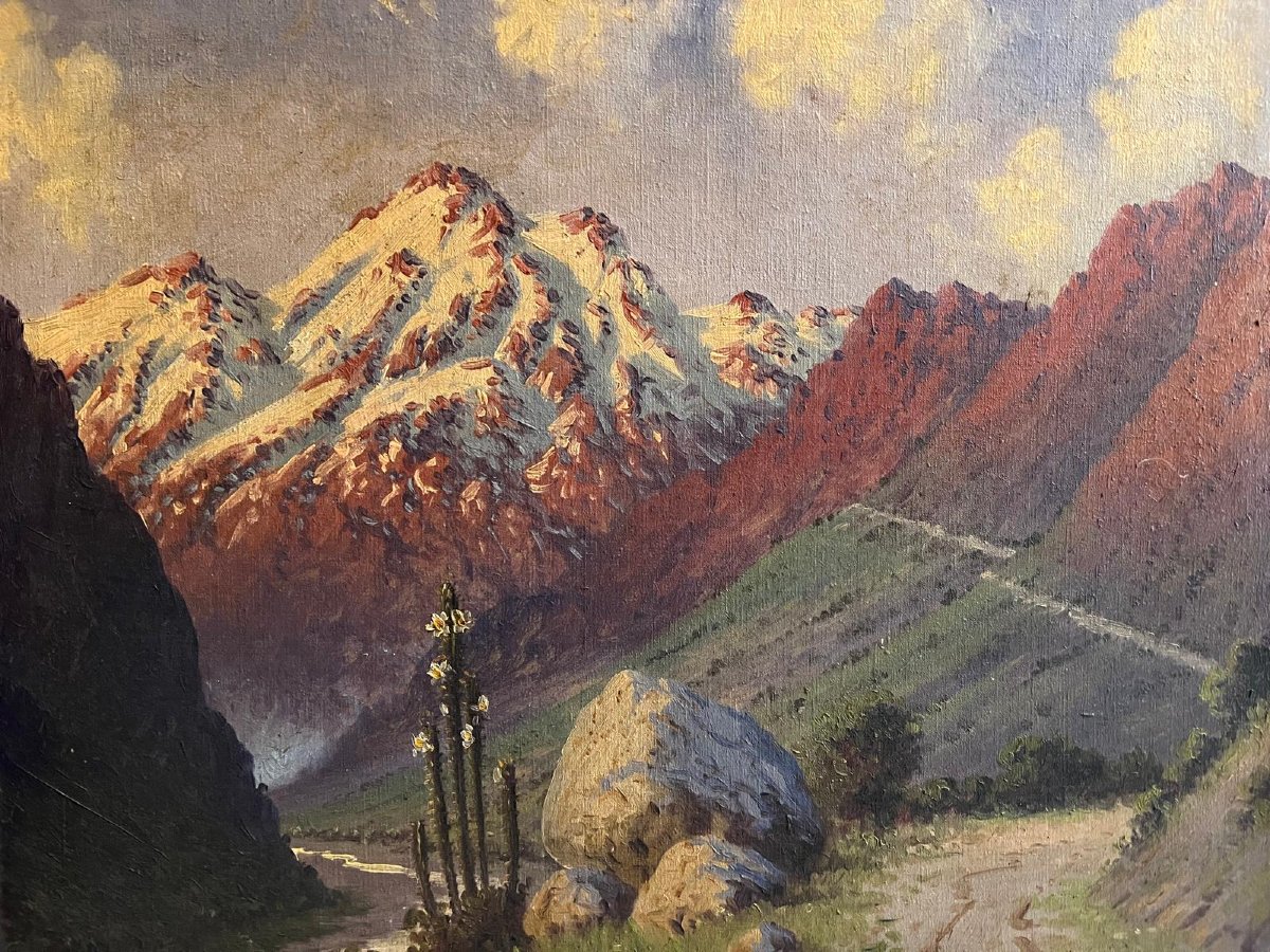 Tableau Signé Illisible, Montagnes et cactus,  Huile sur toile. -photo-2