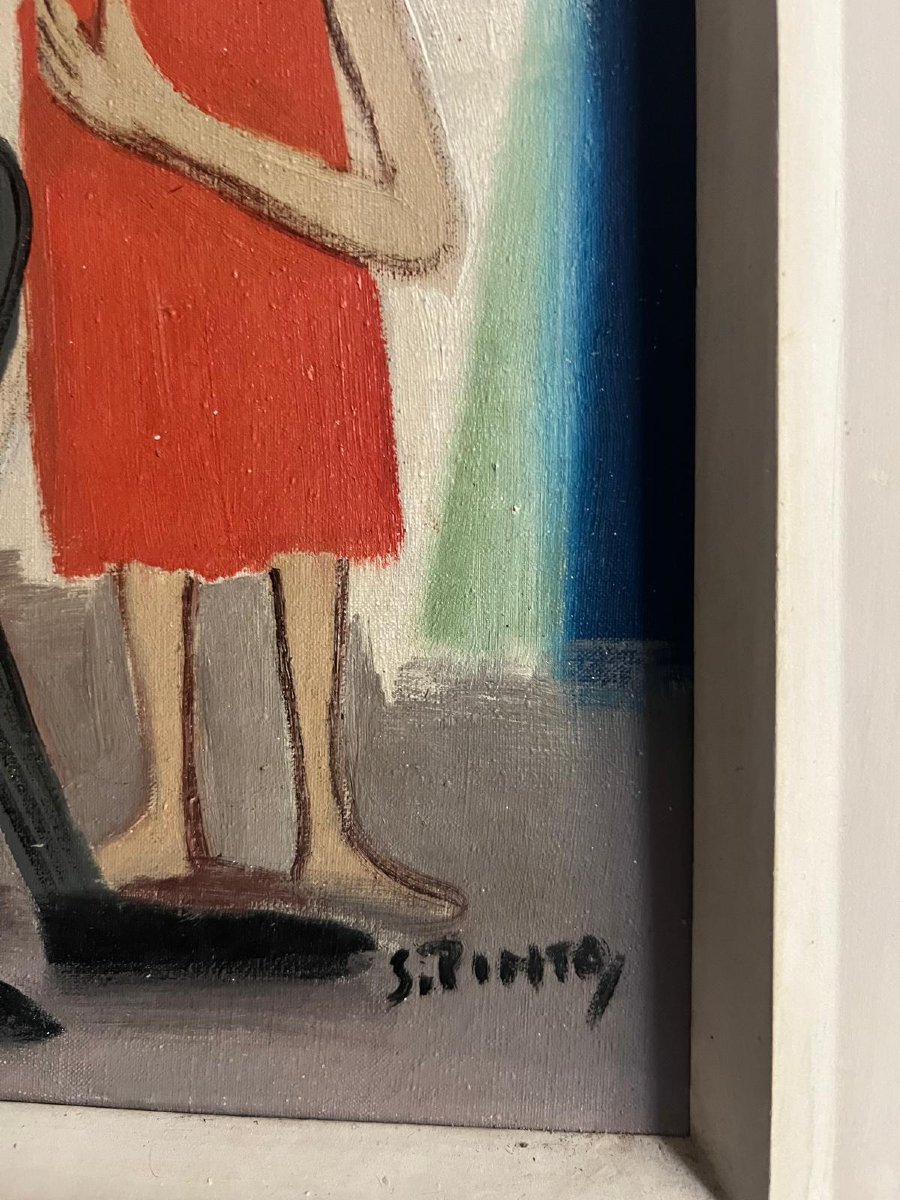 Painting Signed Silvo Pinto, Clown And Sad Little Girl, Brazilian School. -photo-3