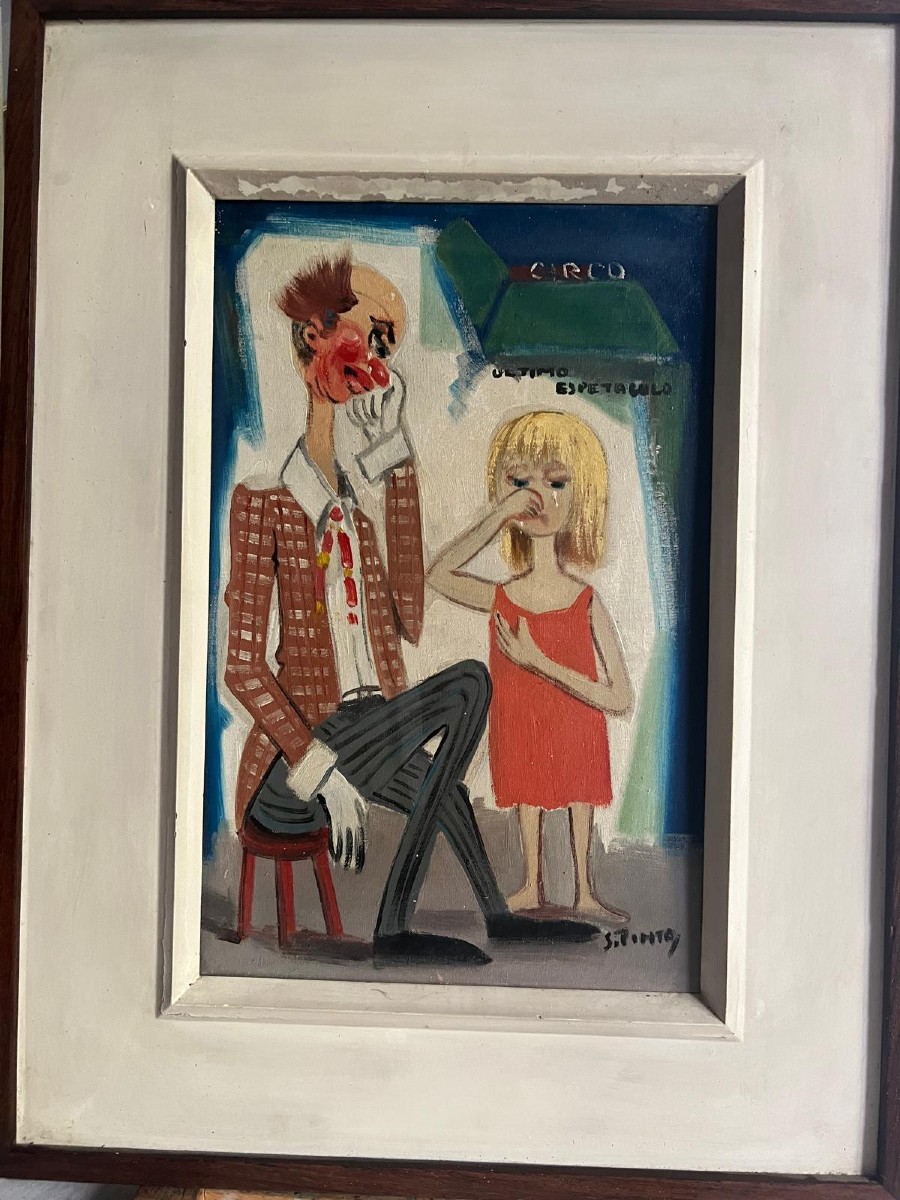 Painting Signed Silvo Pinto, Clown And Sad Little Girl, Brazilian School. 
