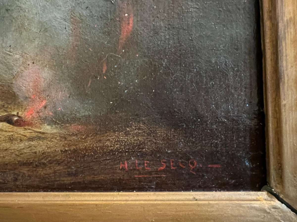 Tableau, ke chien sauve son  Maître de l'incendie,  Signé H-le SECQ. HENRI  LE SECQ.-photo-3