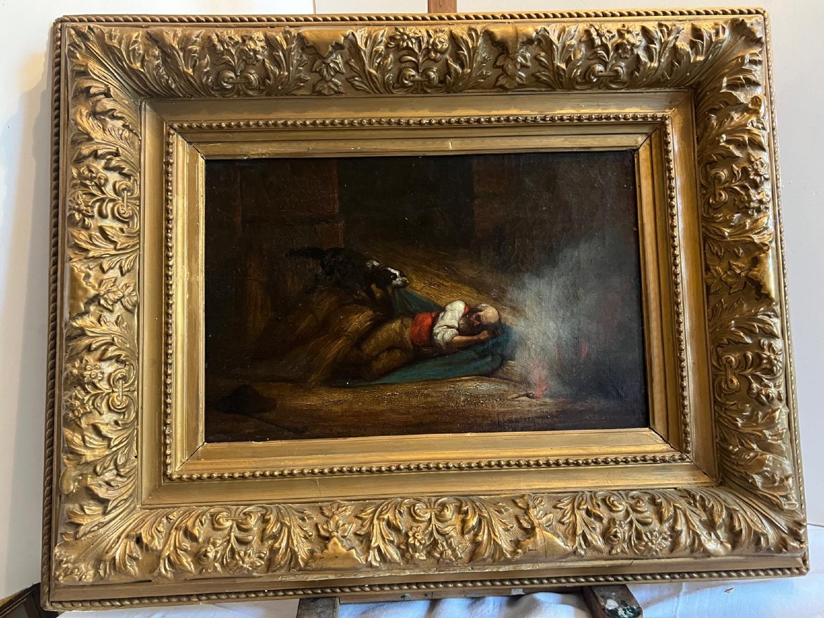 Tableau, ke chien sauve son  Maître de l'incendie,  Signé H-le SECQ. HENRI  LE SECQ.
