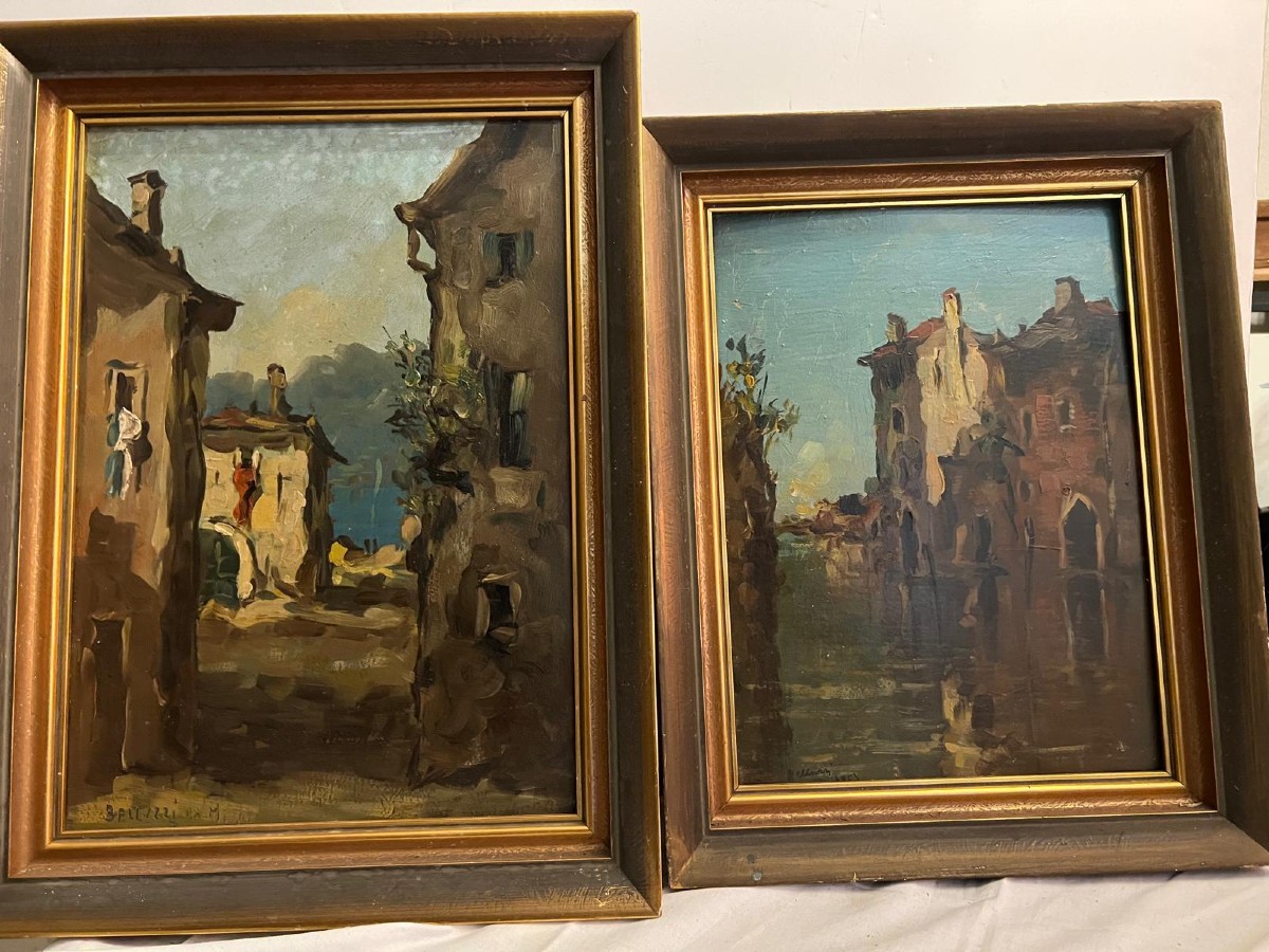 Two Paintings Pendant, Alley Signed Belluzzi. Oil On Cardboard. 48 X 33.5. And 40 X 30 Cm.