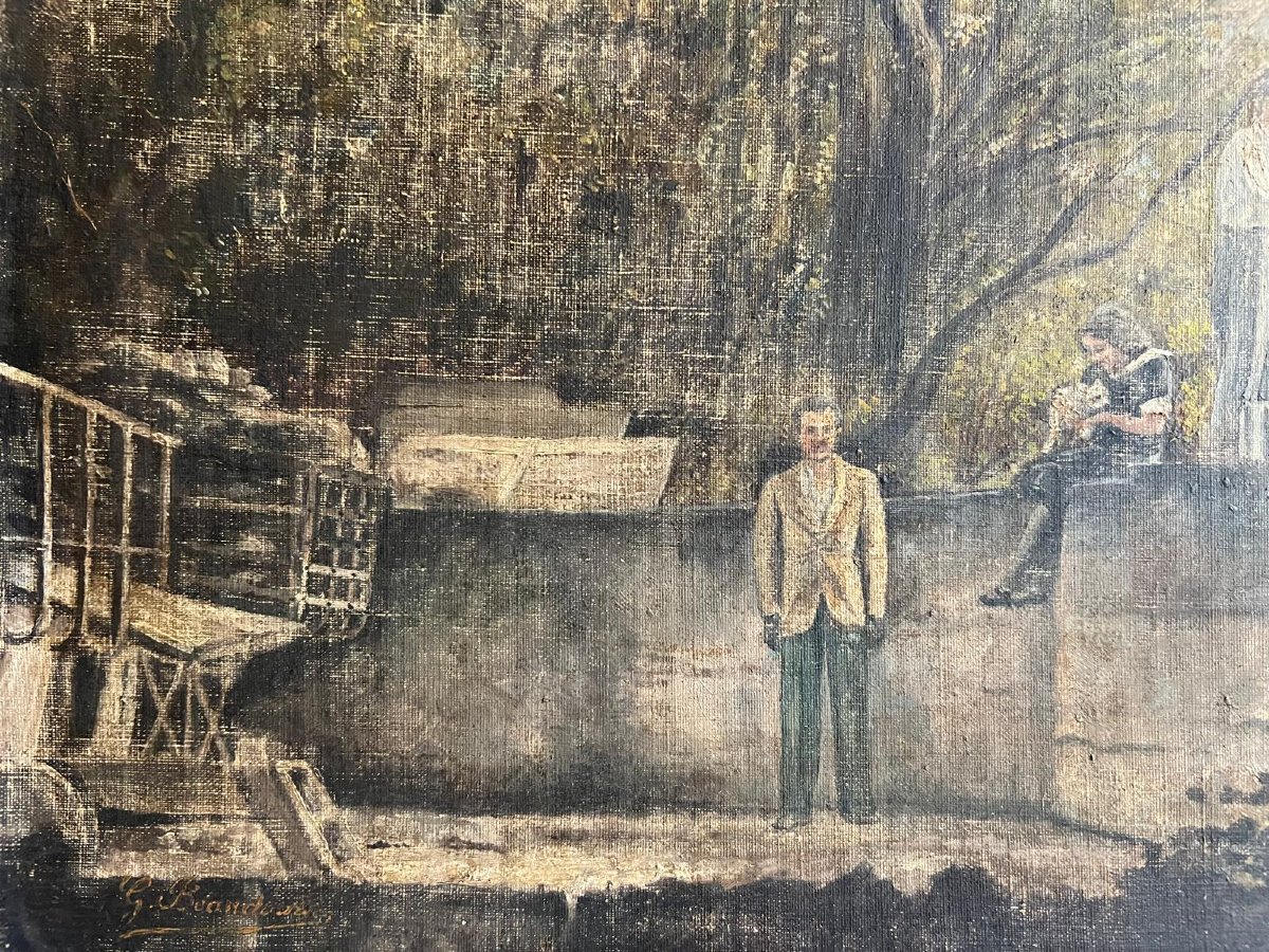 Painting, Figures Observing A Fisherman, Illegibly Signed. To Be Restored. -photo-3