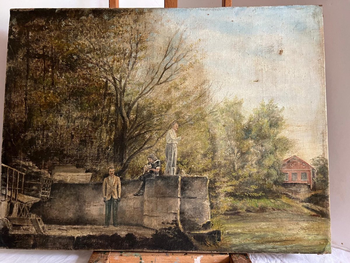 Painting, Figures Observing A Fisherman, Illegibly Signed. To Be Restored. -photo-4