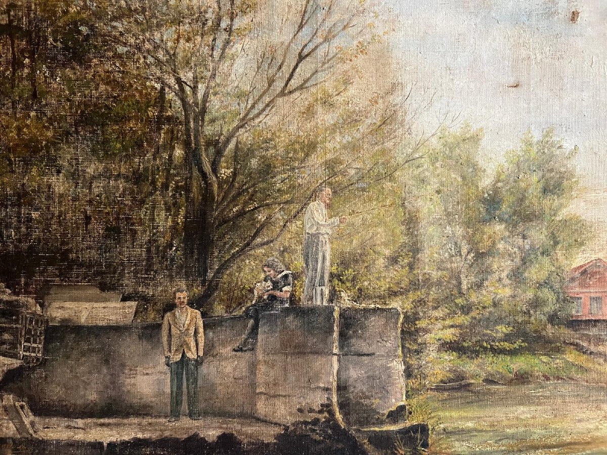 Painting, Figures Observing A Fisherman, Illegibly Signed. To Be Restored. -photo-1