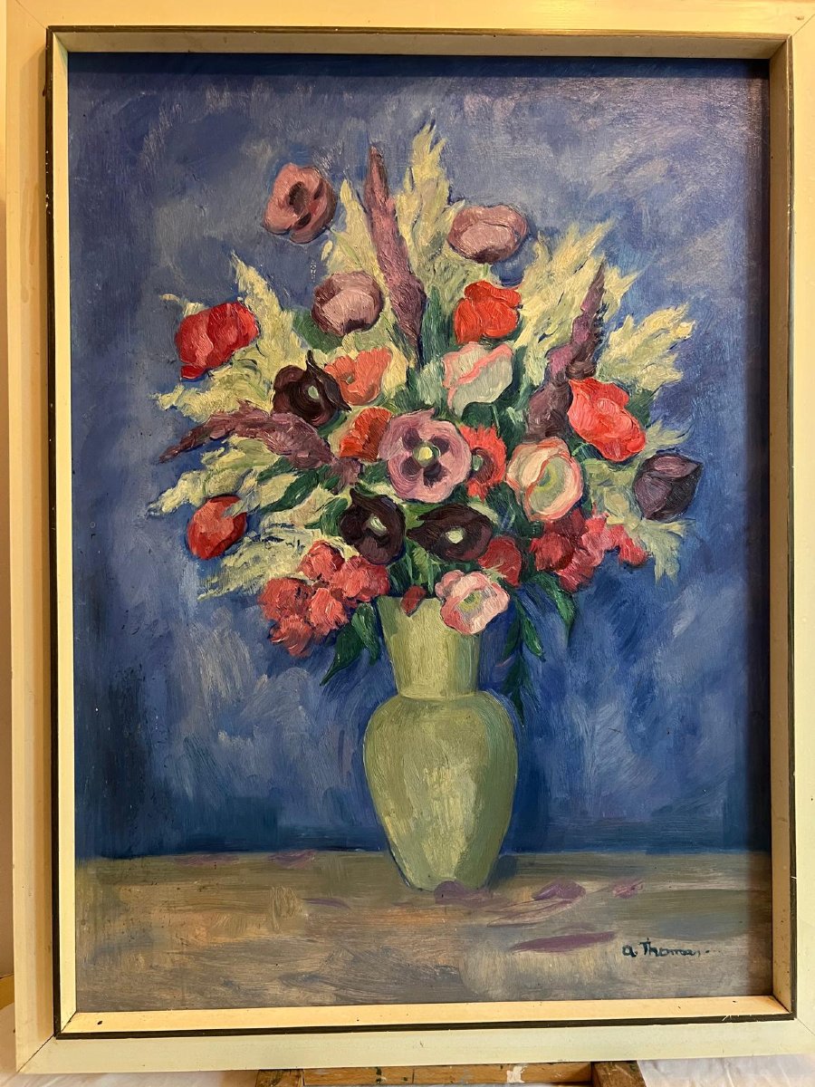 Alsatian School Painting By Albert Thomas. Vase Of Flowers. -photo-1