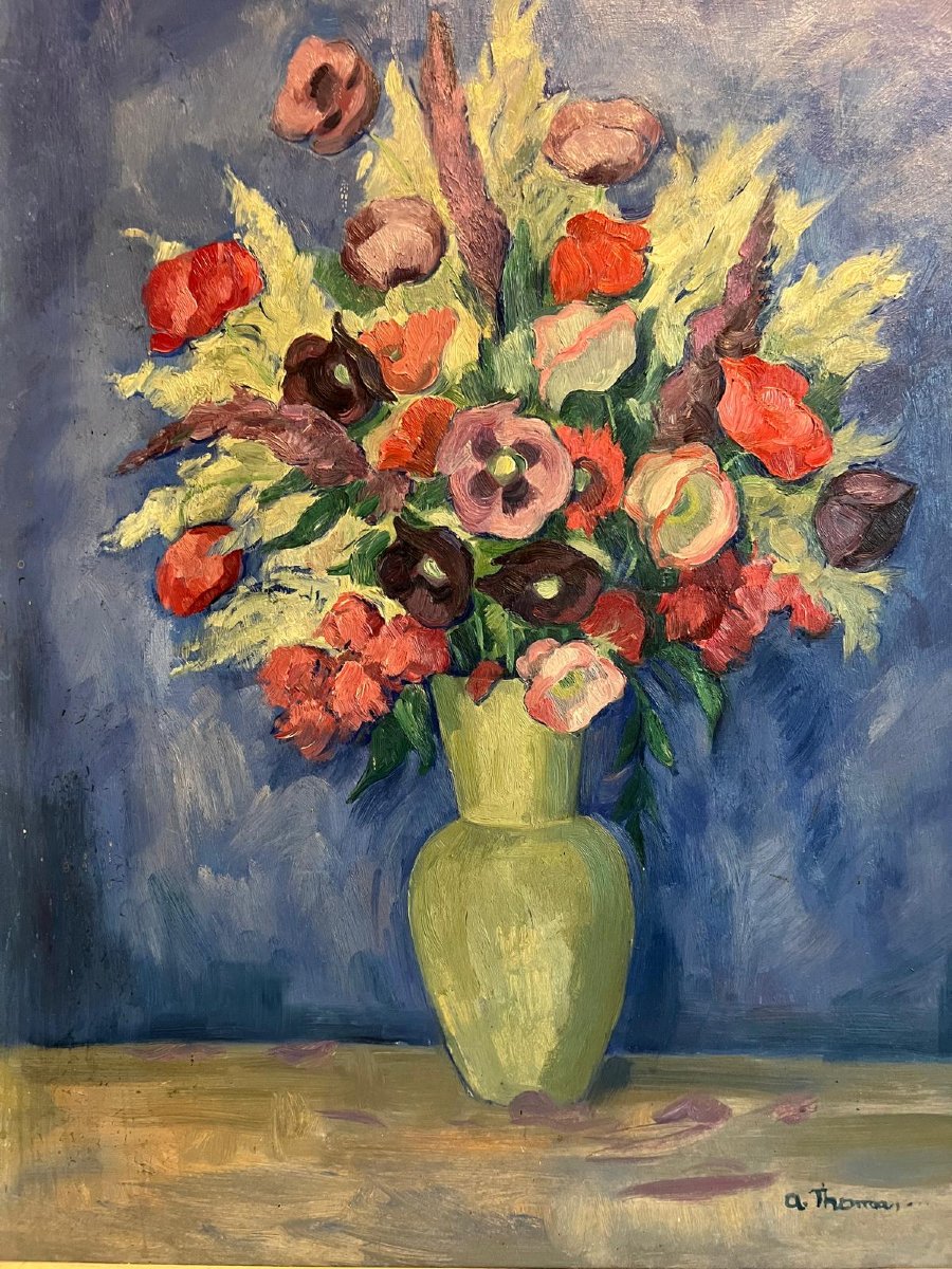 Alsatian School Painting By Albert Thomas. Vase Of Flowers. -photo-2