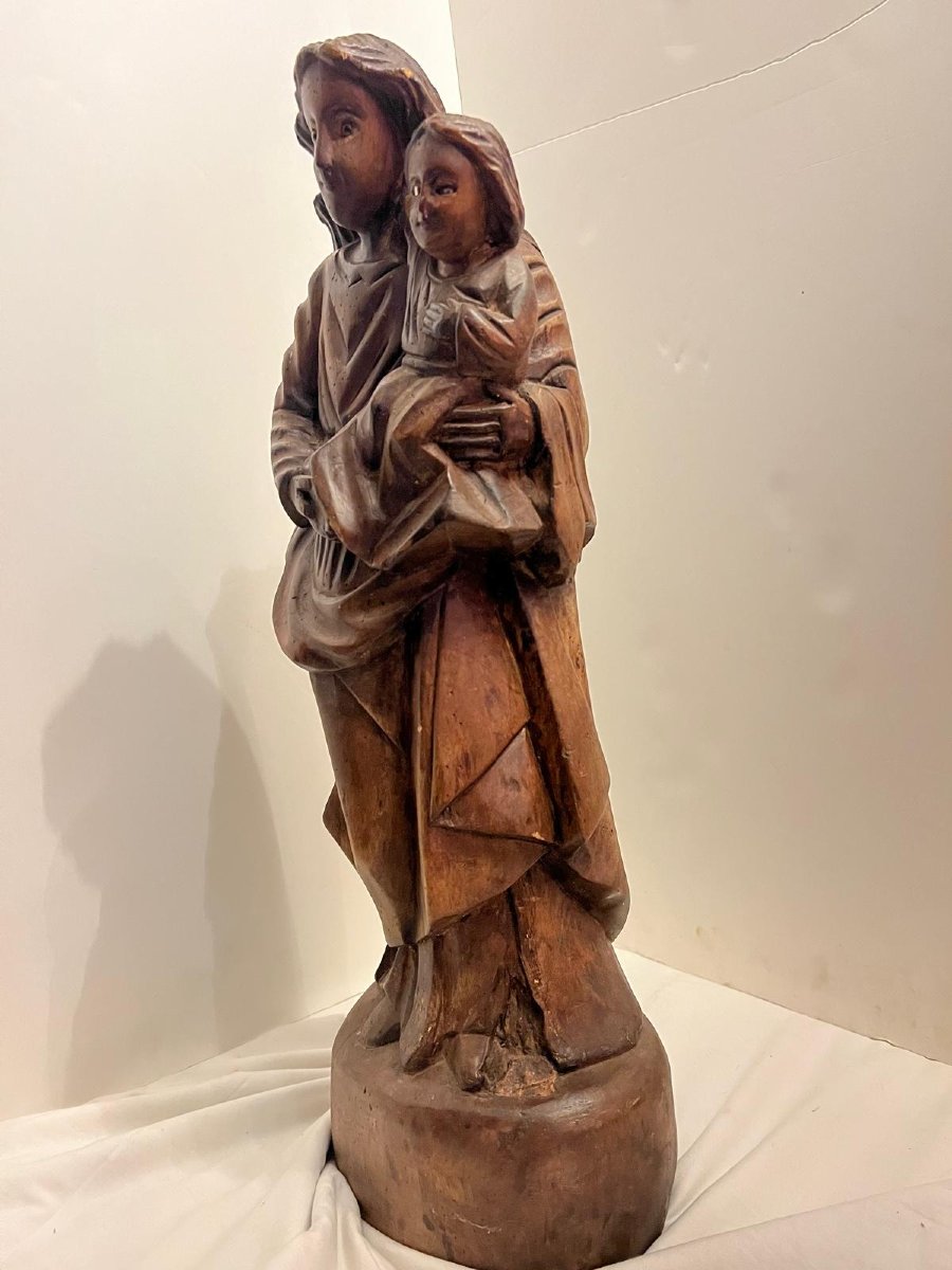 Antique Wooden Religious Sculpture Of The Virgin And Child, Glass Eyes. -photo-4