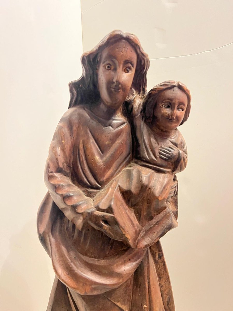 Antique Wooden Religious Sculpture Of The Virgin And Child, Glass Eyes. -photo-2