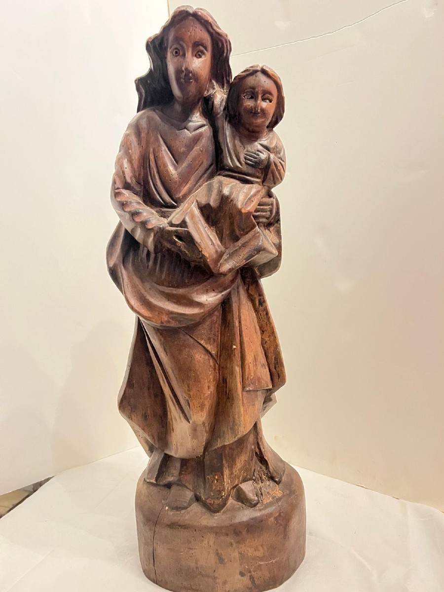 Antique Wooden Religious Sculpture Of The Virgin And Child, Glass Eyes. 