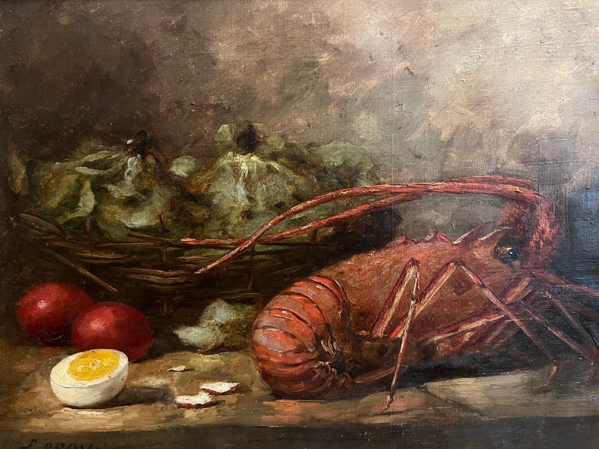 Tableau Signé Leroy, Natur morte,Lancouste , œuf  et  Salades. -photo-2