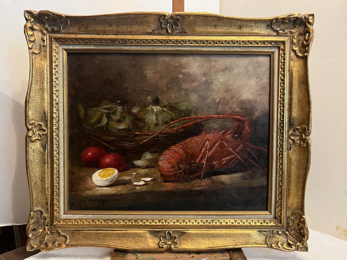 Tableau Signé Leroy, Natur morte,Lancouste , œuf  et  Salades. -photo-3