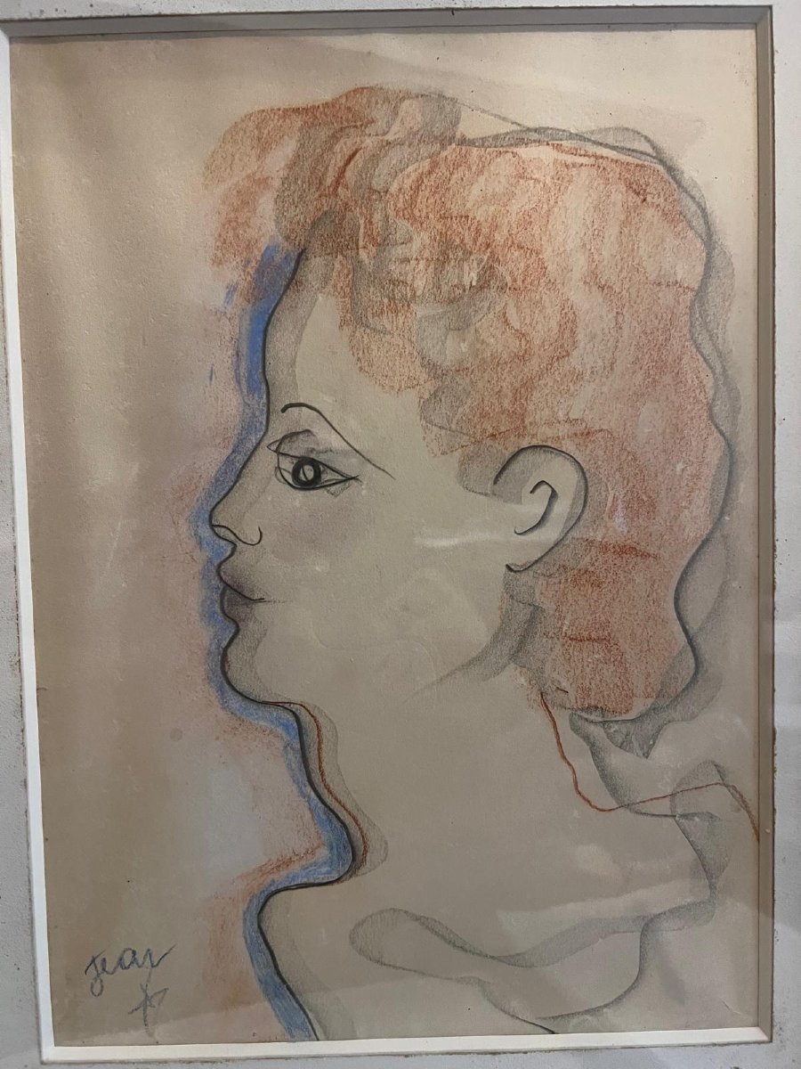 Painting Signed Jean Cocteau Drawing Color Pencil 20th Century. -photo-2