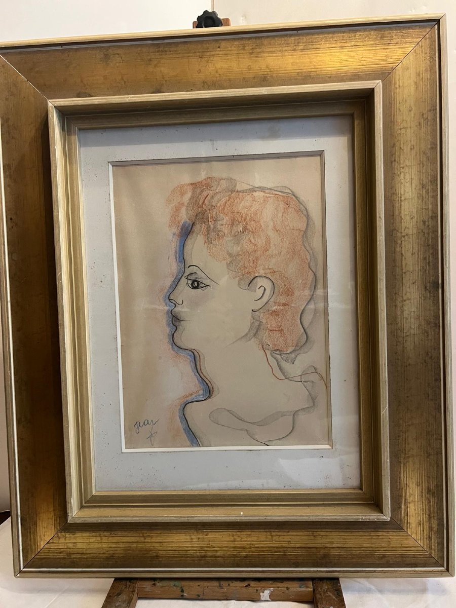 Painting Signed Jean Cocteau Drawing Color Pencil 20th Century. -photo-3