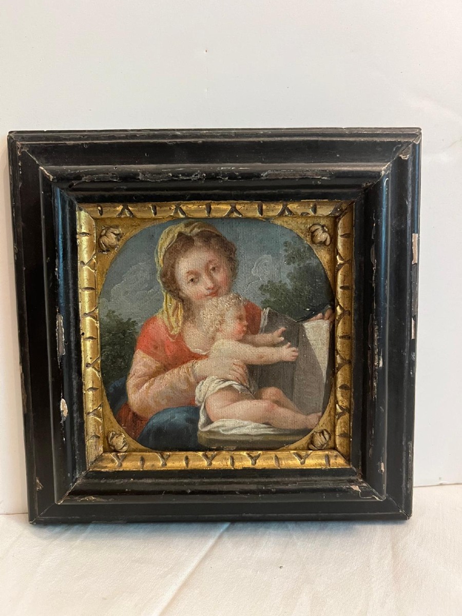 Tableau  Vierge  et Enfant  17ème  cadre  Époque. 