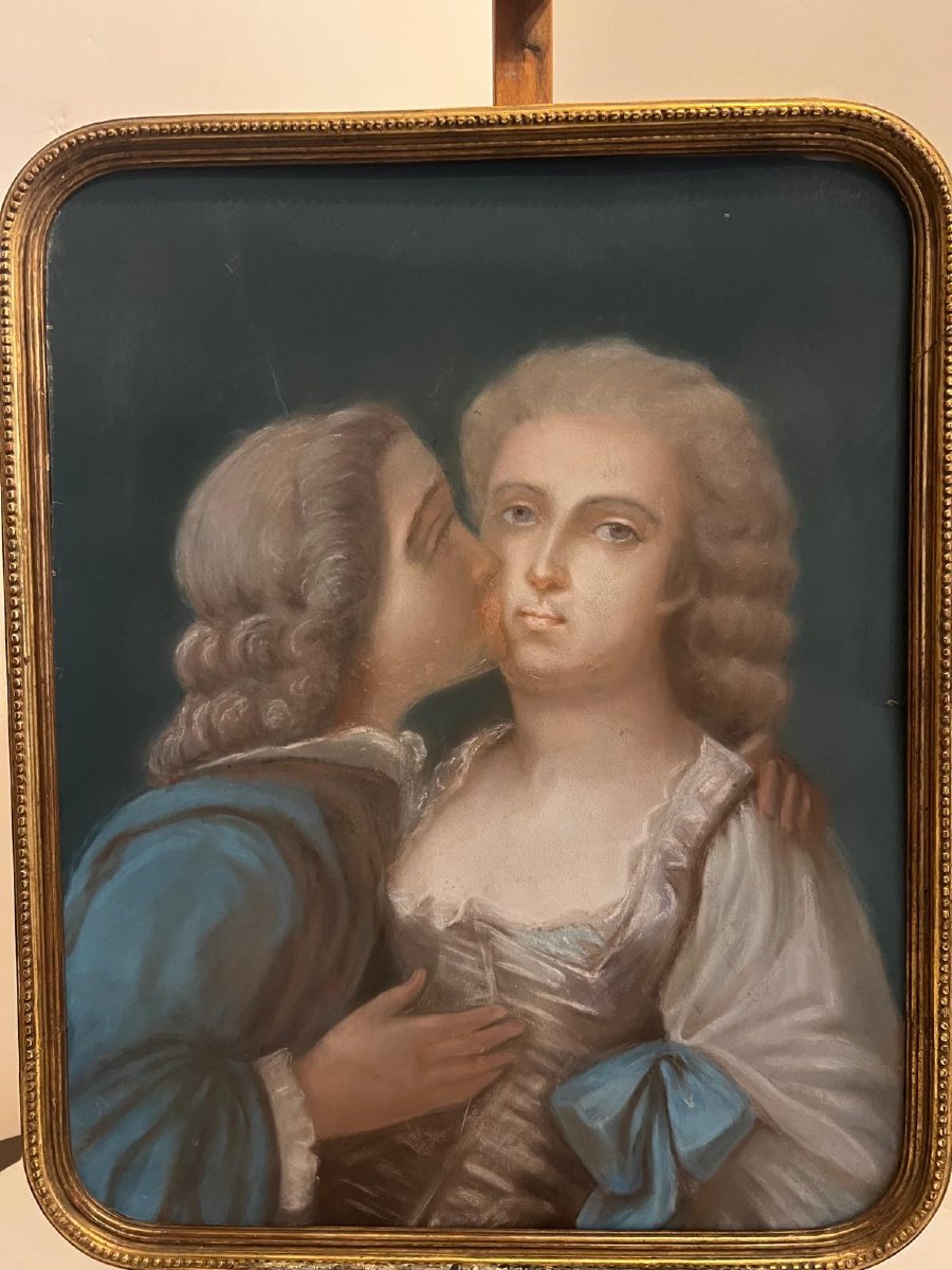Tableau  Pastel   vers  1800  sans Vitre, cadre d'origine  feuille d'or.-photo-2