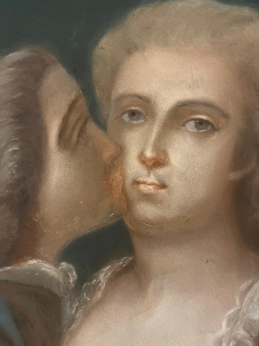 Tableau  Pastel   vers  1800  sans Vitre, cadre d'origine  feuille d'or.-photo-3