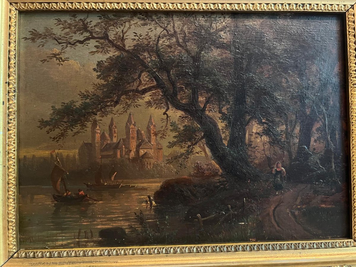Tableau Paysage situé Speyer au Bord du Rhin Signé Georg Maria Erkert 1828-1903-photo-1