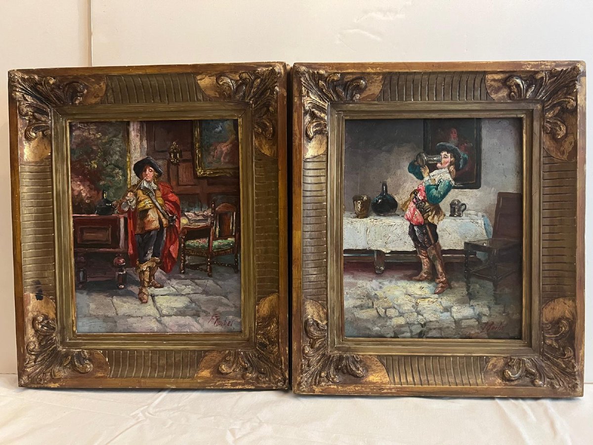 Paintings Pair Of Musketeers Signed F. Robinet Oil On Wood -photo-1