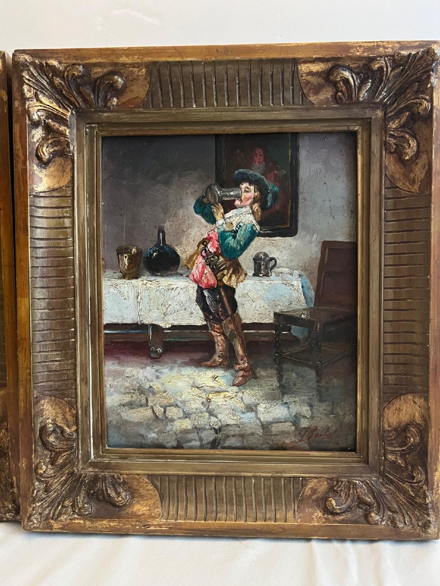 Paintings Pair Of Musketeers Signed F. Robinet Oil On Wood -photo-2