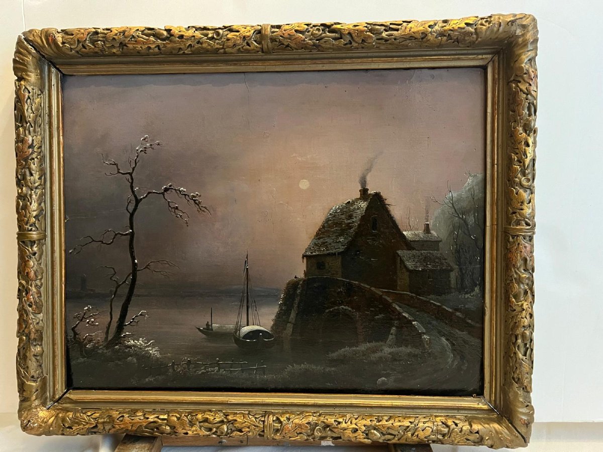 18th Century Landscape Painting On Wood, Collector's Stamp  -photo-4