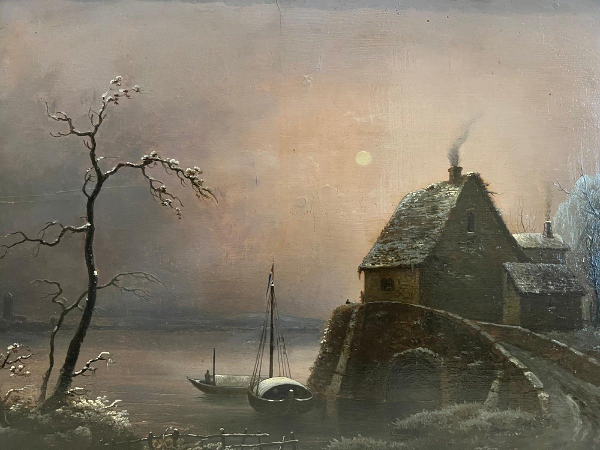 18th Century Landscape Painting On Wood, Collector's Stamp  -photo-1