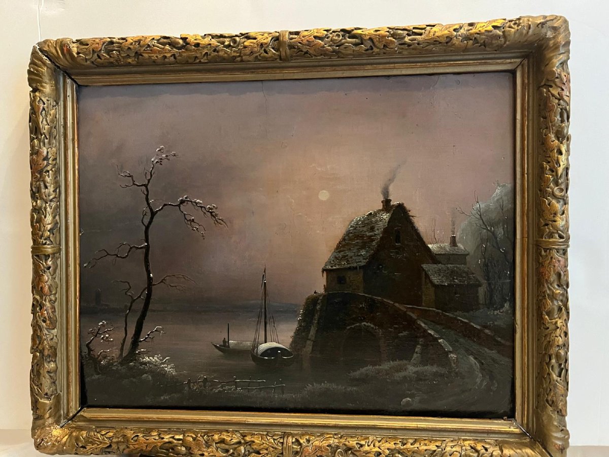 18th Century Landscape Painting On Wood, Collector's Stamp  -photo-3