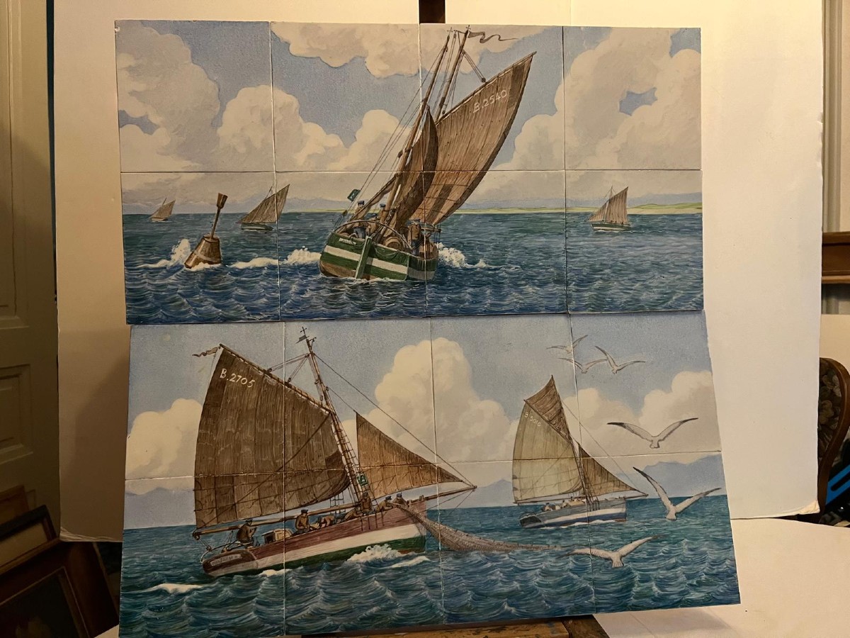 Tableaux  2  plaques de Carlage peintre à la main collé sur bois Pêcheurs  Breton 