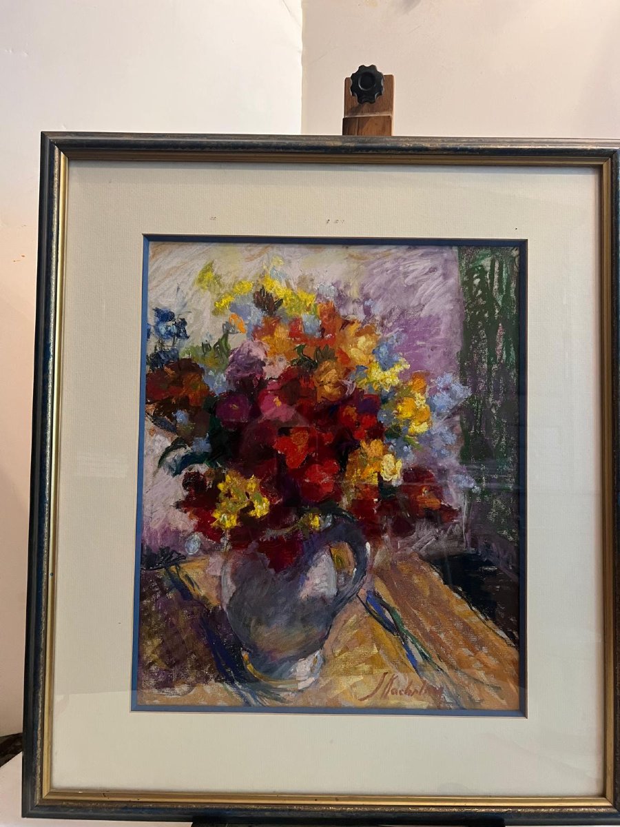 Tableau Signé Suzanne Kachrline  1902-1985 fleurs dans un vase bleu Pastel -photo-3
