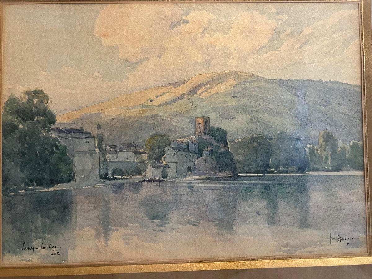 Tableau Aquarelle Signé illisible situé Laroque les Ares - LOT.-photo-2